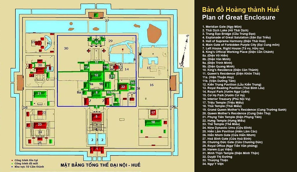 Detailed map of the Imperial City of Hue showing key locations including Ngo Mon Gate, Thai Hoa Palace, and other important landmarks.