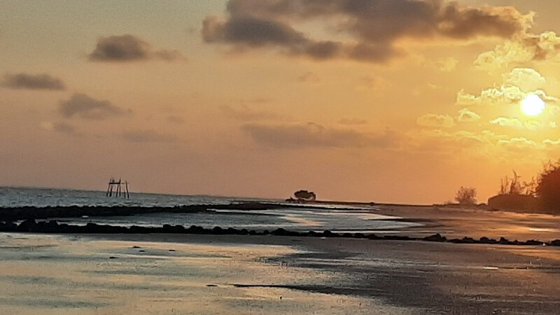 Stunning sunrise at Can Gio Beach with vibrant pink and orange skies reflecting on the sea.