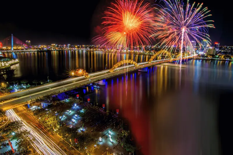 Fireworks display at Dragon Bridge, Da Nang, viewed on New Year's Eve 2025.