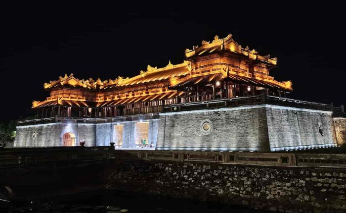 Ngo Mon Gate, the main entrance of the Imperial City of Hue, showcasing its grand architecture and surrounding moat.