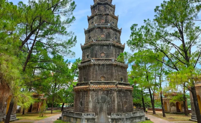 Phuoc Duyen Tower at Thien Mu Pagoda, a 21-meter-high seven-story pagoda with historic architecture in Hue, Vietnam