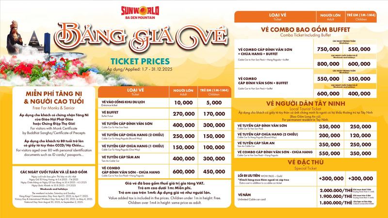 Cable car ticket price list for Sun World Ba Den Mountain Tay Ninh in 2025, including entrance, buffet, combo, and local discounts.