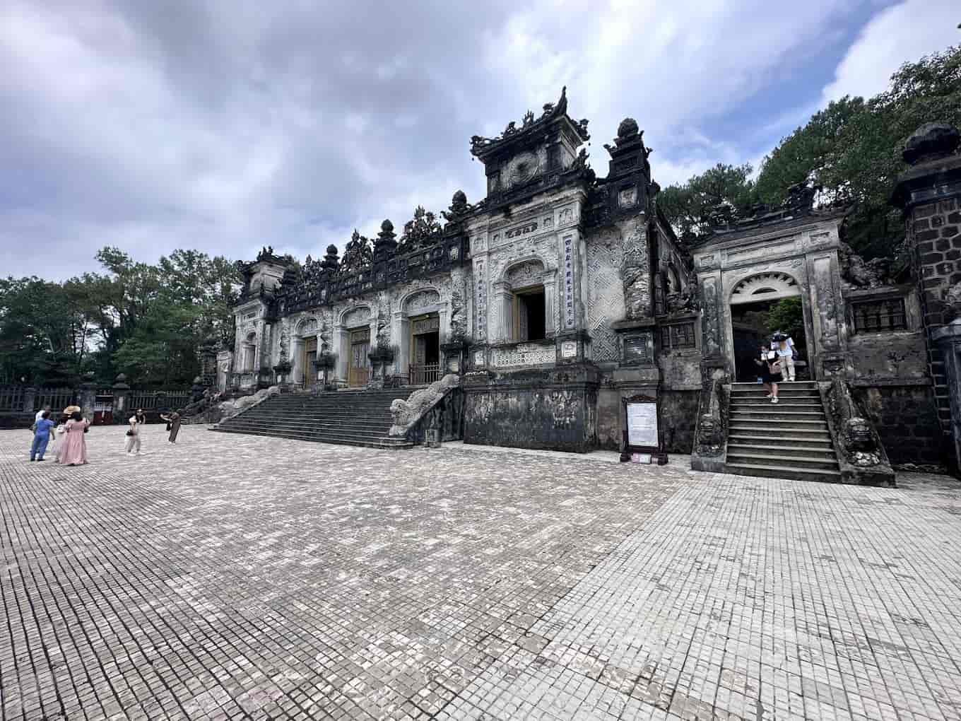 Detailed exterior of the Tomb of Khai Dinh with intricate mosaics