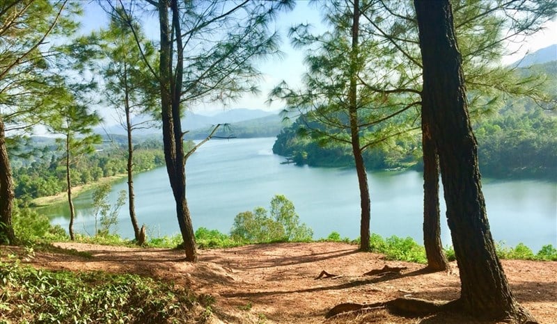 A scenic view from Vong Canh Hill overlooking the Perfume River in Hue